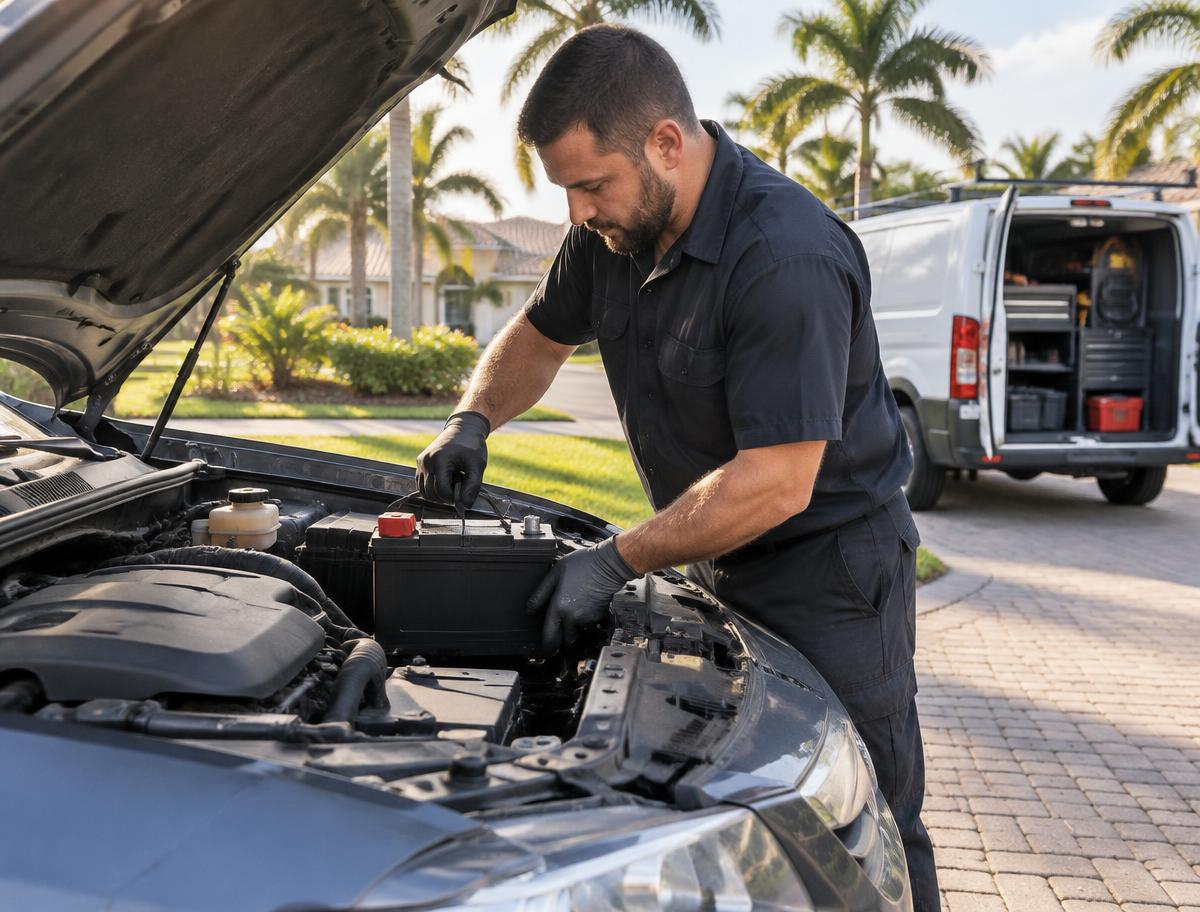 Mobile mechanic replacing a car battery in an Orlando driveway