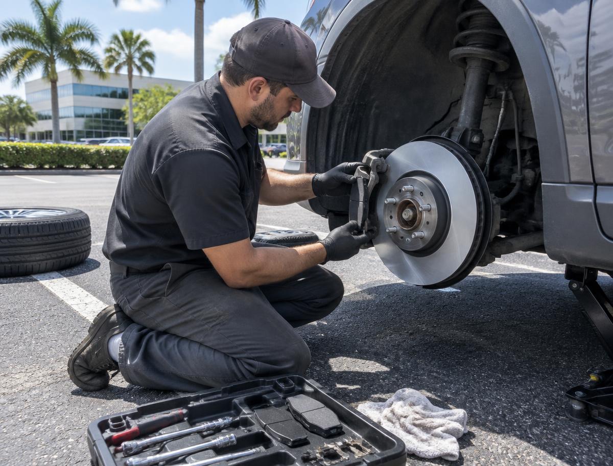 Mechanic repairing brakes in an Orlando parking lot