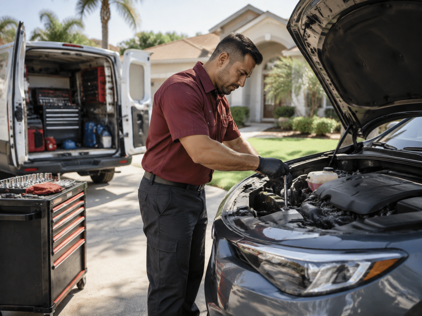 Mobile Car Repair Orlando mechanic working on a car in a customer's driveway
